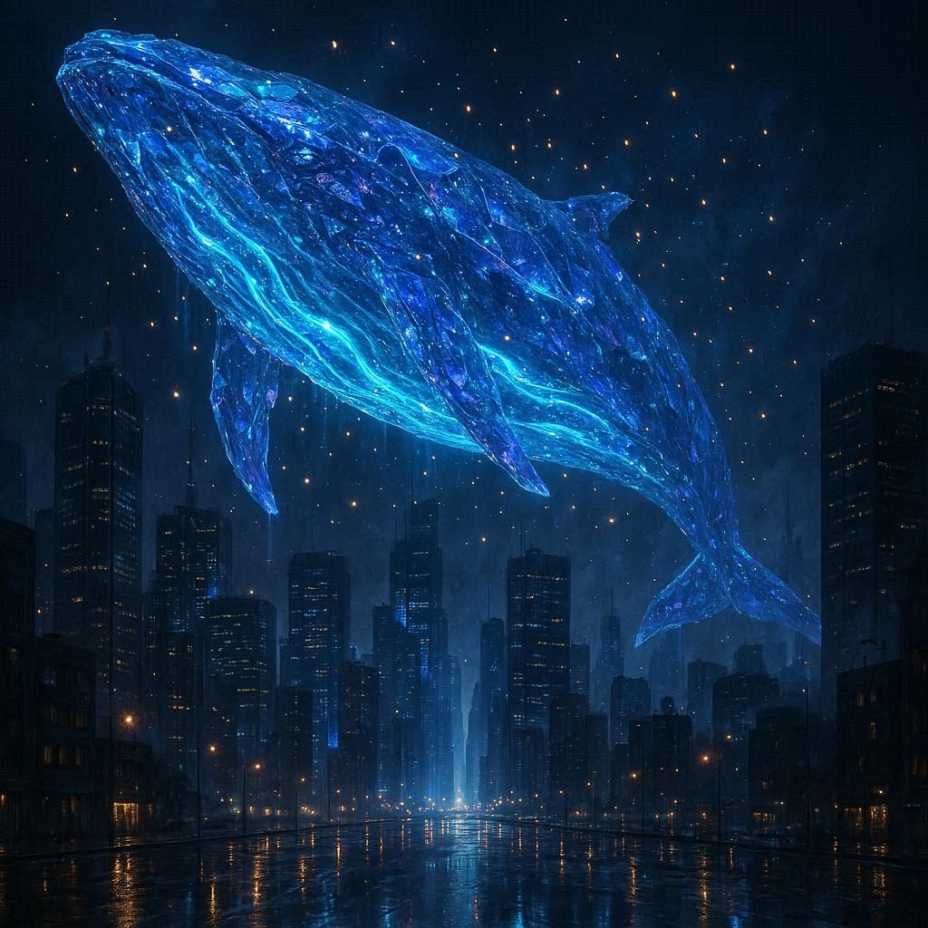 A colossal floating whale made of crystal and starlight drifts silently above a futuristic city at night. Rivers of glowing light flow through its translucent body while thousands of tiny lanterns orbit around it like fireflies. Skyscrapers reflect its radiant blues and violets in the rain-soaked streets below. Cinematic composition, ultra-detailed, volumetric lighting, breathtaking scale, surreal fantasy, photorealistic, masterpiece, 8K, awe-inspiring atmosphere.