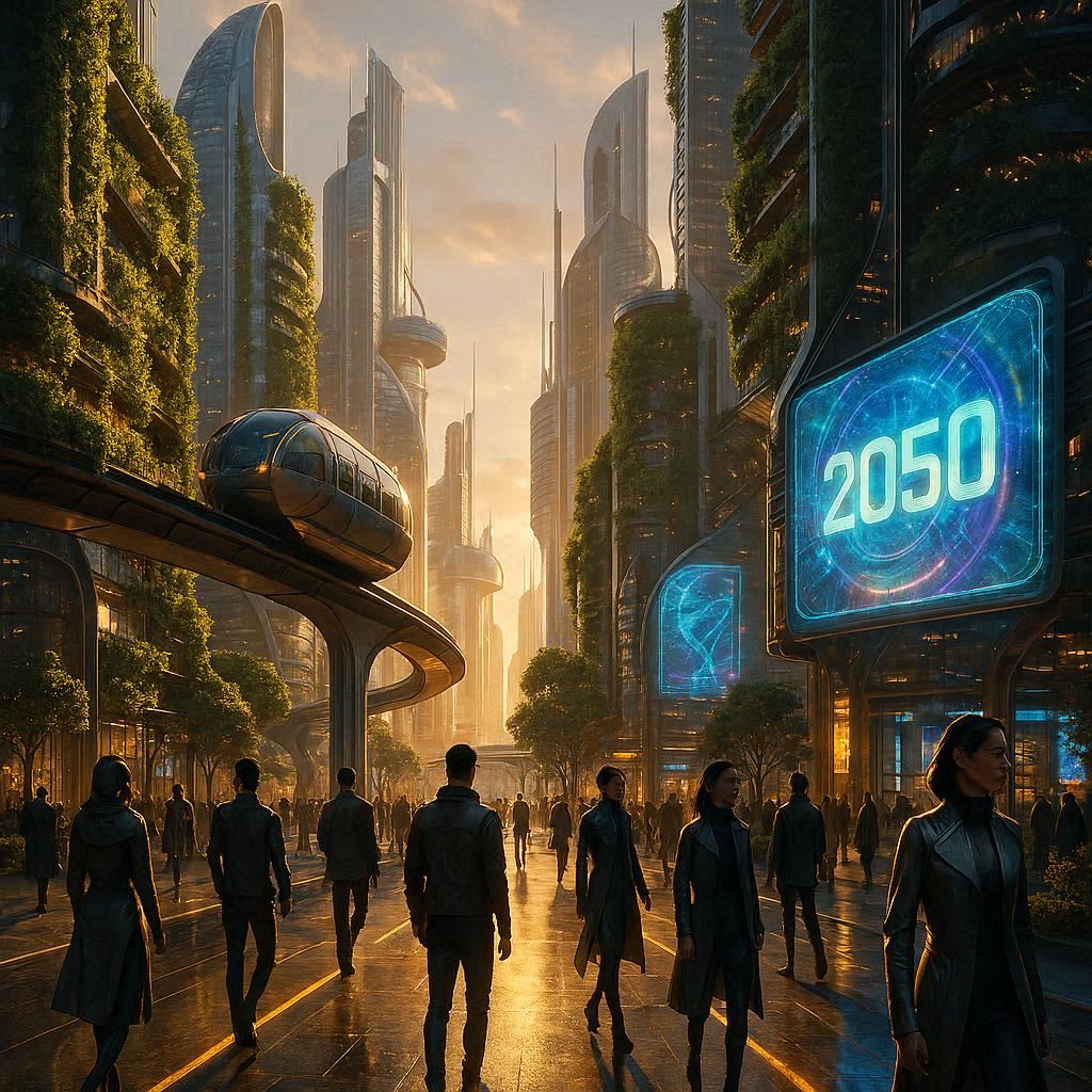 A breathtaking ‘Future Earth 2050’ cityscape at golden hour, blending ultra‑modern architecture, floating transit systems, lush vertical forests, and holographic billboards. People in sleek futuristic fashion walk through glowing streets. Soft atmospheric haze, cinematic lighting, reflective surfaces, and high‑detail realism. Epic, optimistic sci‑fi mood.